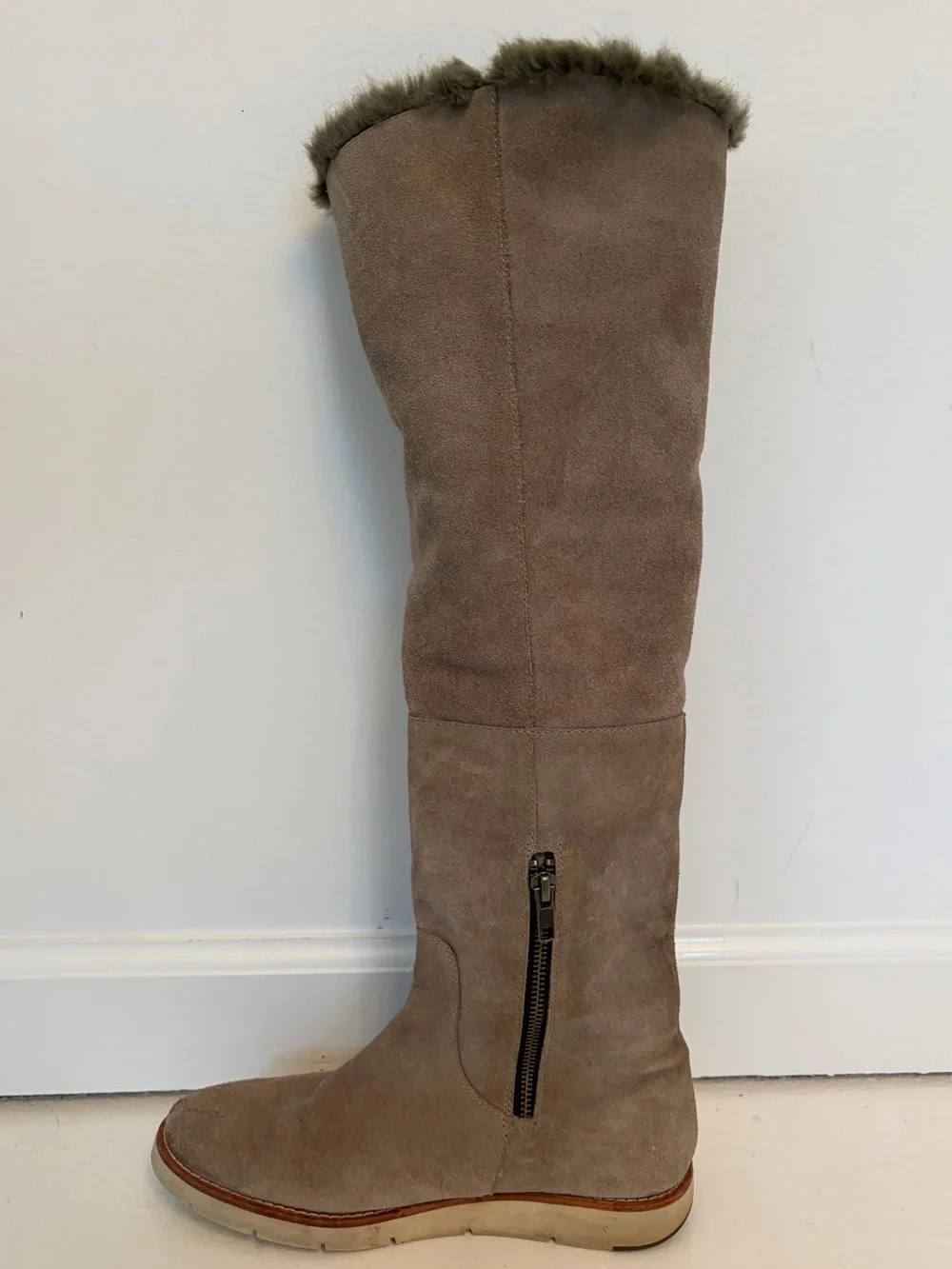 Johnston & Murphy Taupe Suede Knee-High Fur-Trim Boots